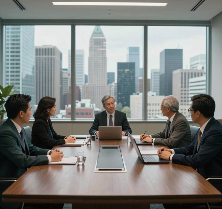 A sophisticated North American / US corporate boardroom with a large oak table, overlooking a bustling metropolitan skyline through floor-to-ceiling windows. The mood is distinguished and influential, featuring tones of Forest Teal and Pearl Mist.