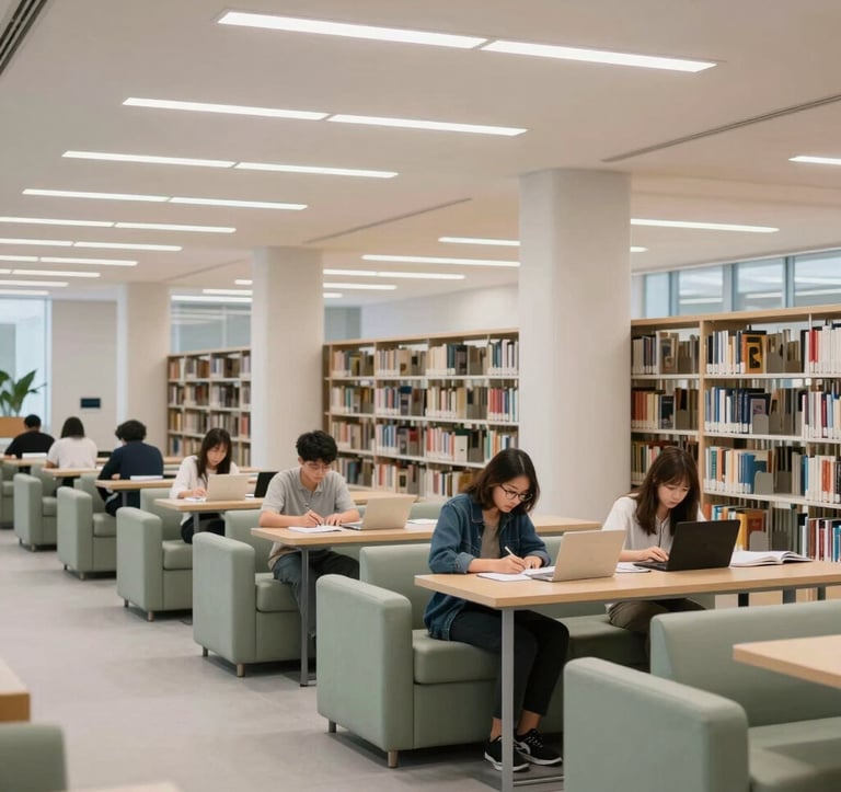 A clean, modern North American academic library interior with students studying quietly. The lighting is bright and intellectual. Soft pearl surfaces are accented by muted sage furniture.