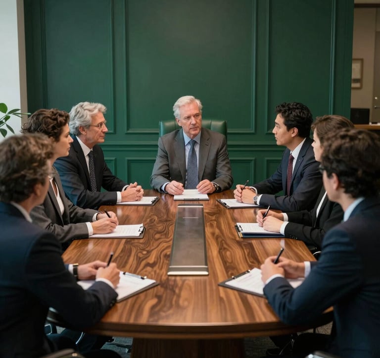 A professional setting in a North American / US boardroom where leaders are engaged in a serious but collaborative discussion. The room features high-quality dark emerald green furniture and polished wood. The atmosphere is distinguished and focused on accountability and governance.