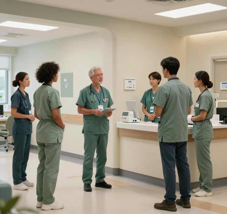 A clean, modern North American / US healthcare facility where staff interact with professionalism and care. The environment is calm and stable, featuring dusty sage and soft alabaster accents. The composition focuses on the intersection of human well-being and institutional order.