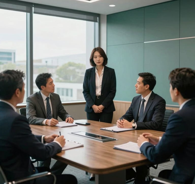 Professional leadership team engaged in a focused discussion in a modern North American boardroom with large windows. The atmosphere is serious yet collaborative. The room is decorated in slate teal and deep forest green tones.
