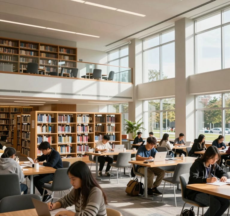 A vibrant, sunlit modern library interior in a North American / US university. Students are studying in a clean, organized, and inspiring environment. High ceilings and large windows characterize the professional setting.