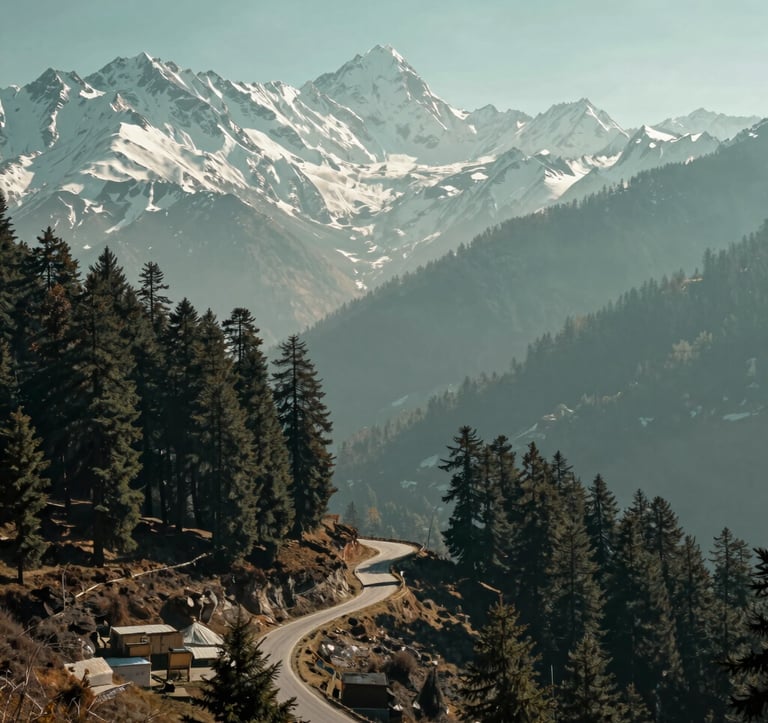 A breathtaking landscape of the snow-capped Himalayan mountains in Manali, South Asian / Indian region, with a winding road through deep pine forests, crisp morning light, muted teal and sage green atmosphere.