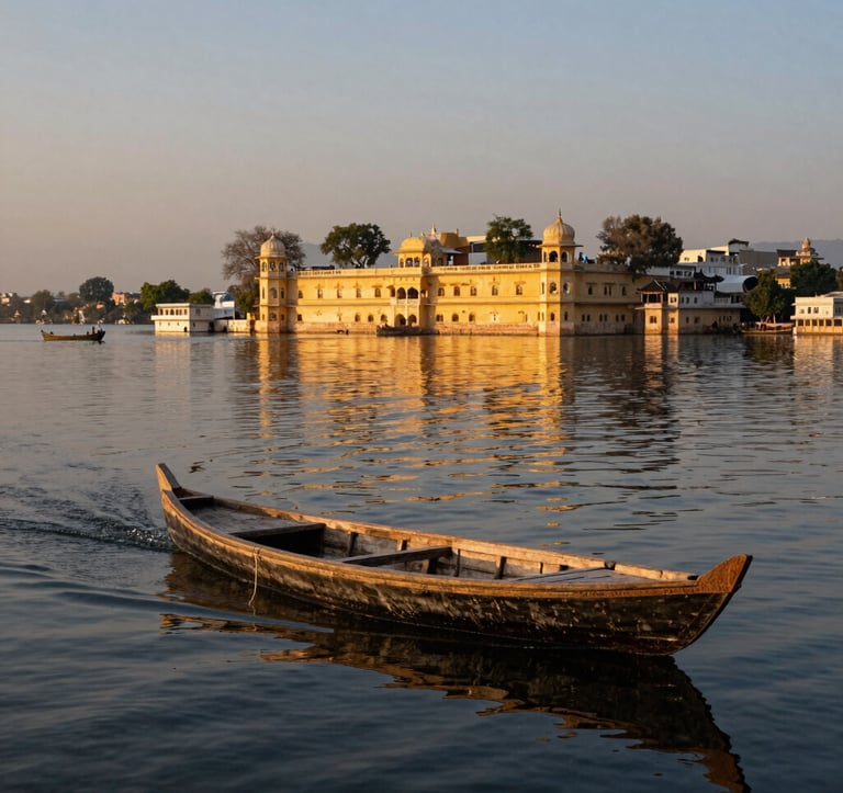 A wide shot of a traditional wooden boat gliding across the calm waters of Lake Pichola in Udaipur, South Asian / Indian setting, warm golden sunset light reflecting off the City Palace in the distance, champagne and dark blue tones.
