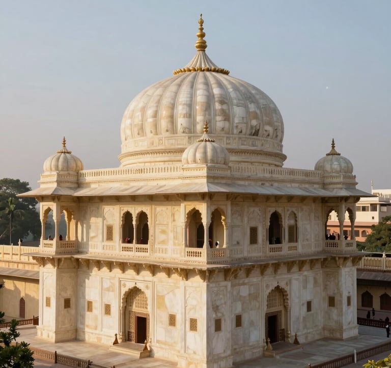 A high-angle architectural photograph of the white marble domes and intricate balconies of the City Palace in Udaipur, South Asian / Indian heritage style, clear sky, sophisticated morning lighting, ivory and champagne gold details.