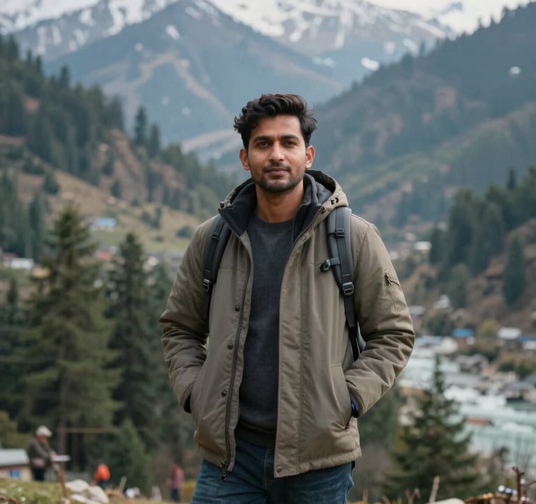 A portrait of a professional South Asian travel guide in stylish winter attire standing against the backdrop of a pine-covered valley in Manali, soft daylight, adventurous spirit.