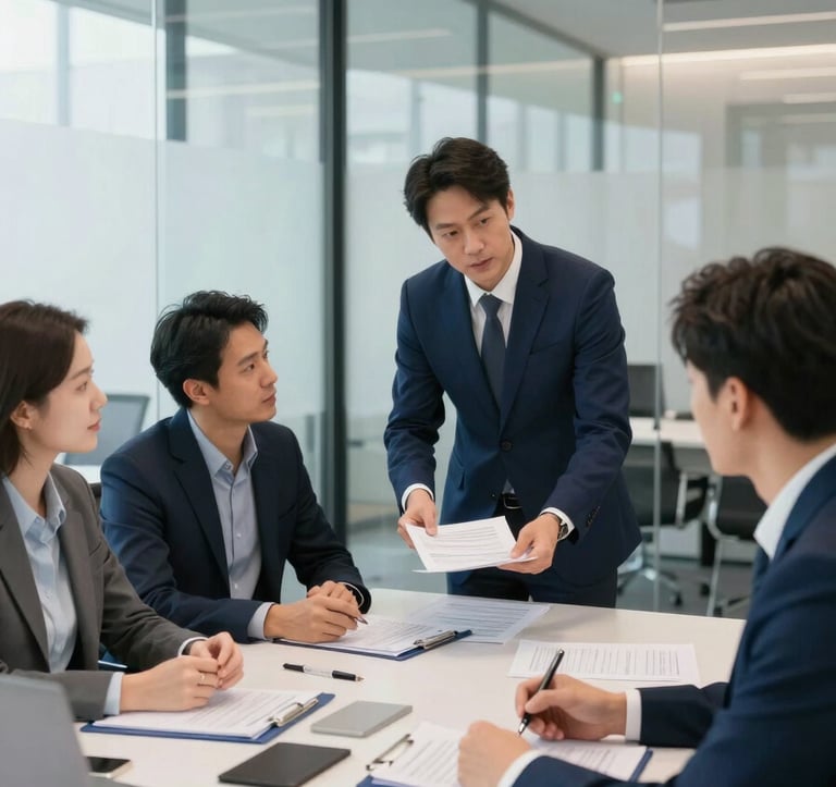 A professional business meeting in a modern Global / Corporate office with glass walls, discussing international trade documents. People are wearing dark navy blue suits and light blue-grey shirts. Bright, efficient lighting.