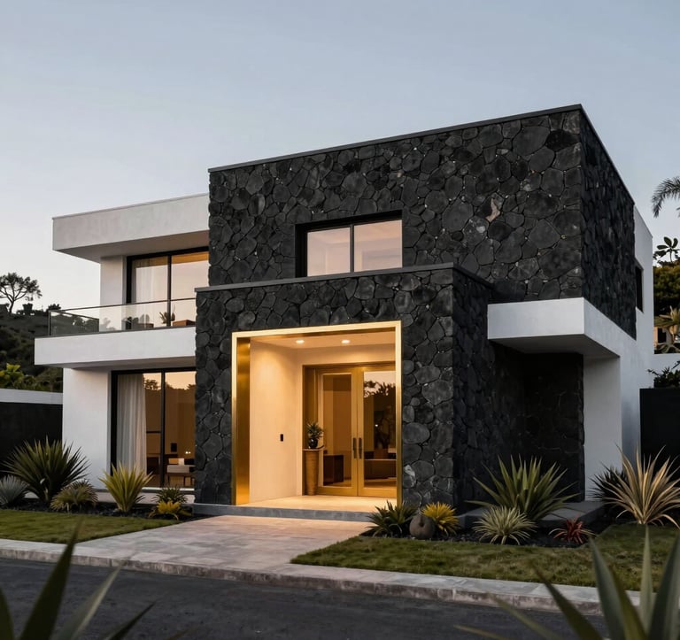 External view of a contemporary luxury villa in the Ecuadorian highlands. The structure is built with deep black volcanic stone and white concrete. Soft evening sunlight hits the gold-framed main entrance. Surrounded by elegant, minimalist South American landscaping.