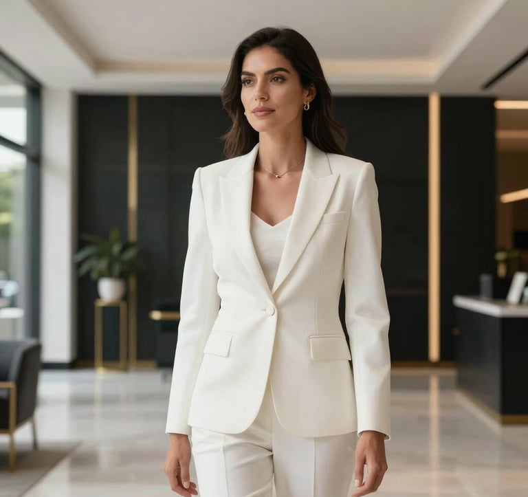 A professional woman in an elegant white suit standing in a South American / Ecuadorian luxury residential lobby. Minimalist black and gold decor in the background. Soft natural lighting, sophisticated corporate atmosphere.