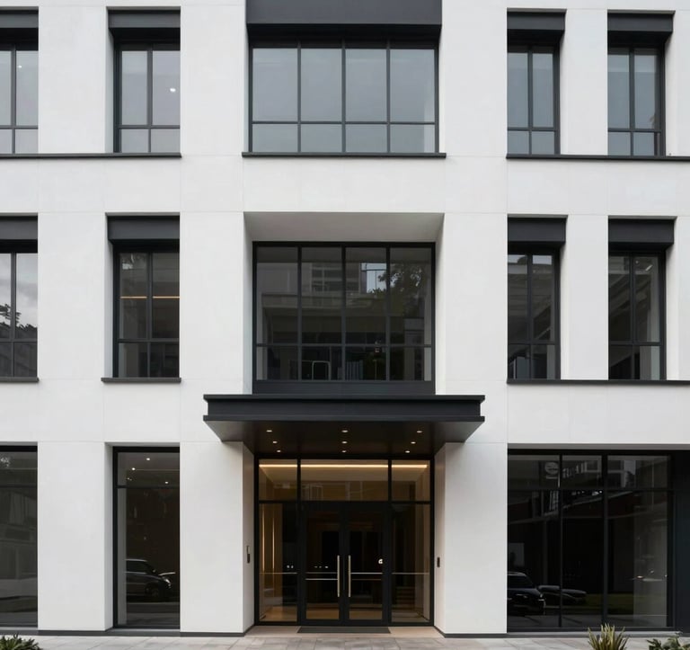 An architectural eye-level shot of a modern facade in a South American / Ecuadorian urban project. Minimalist white and black materials, sharp corporate geometry, and subtle gold accent lighting on the entrance. The scene feels secure and professional.