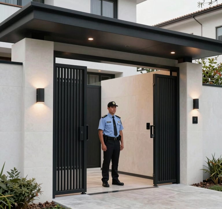 A sleek, modern security gatehouse of a luxury South American / Ecuadorian residential project. Minimalist architecture with white stone and black metal accents. A professional security officer in a corporate uniform standing in a well-lit, elegant environment.