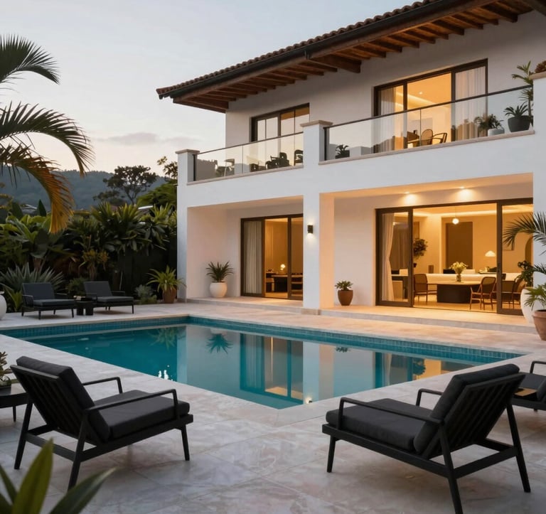 A professional wide-shot photograph of a private outdoor terrace in a South American / Ecuadorian luxury residence. Features minimalist black outdoor furniture, a pristine swimming pool reflecting the white architecture, and gold-hued evening lighting. The composition is balanced and elegant.