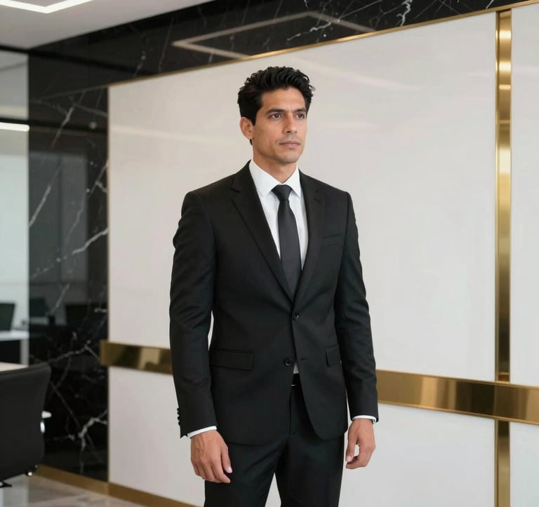 A confident professional man in a sharp black suit standing in a contemporary South American / Ecuadorian office setting. High-end interior with white walls, black marble, and gold metallic accents.