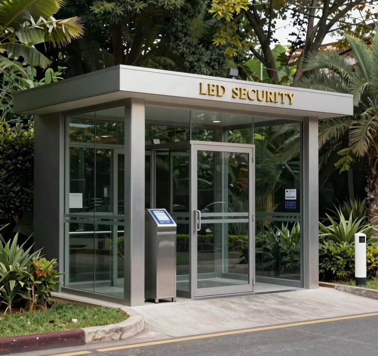 A professional security entrance to a luxury gated community in Ecuador. Features a minimalist guard station with glass and steel, and elegant gold-lettered signage. The environment is clean, lush, and conveys absolute peace and protection.