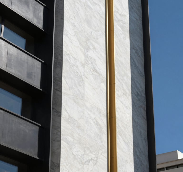 A detail shot of high-end architectural materials: a combination of white marble, black steel, and gold finishings on a building facade. Set against a clear blue sky in a high-altitude South American / Ecuadorian city, conveying minimalist luxury.