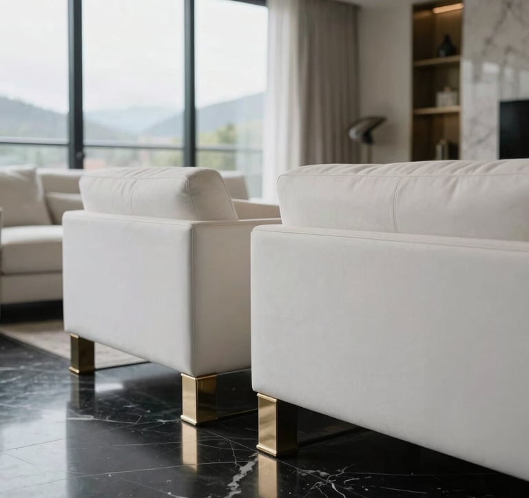 Close-up interior photography of a luxury living room in a South American / Ecuadorian penthouse. Minimalist white furniture, deep black marble flooring, and polished metallic gold decorative elements. Natural soft light pouring through floor-to-ceiling windows.