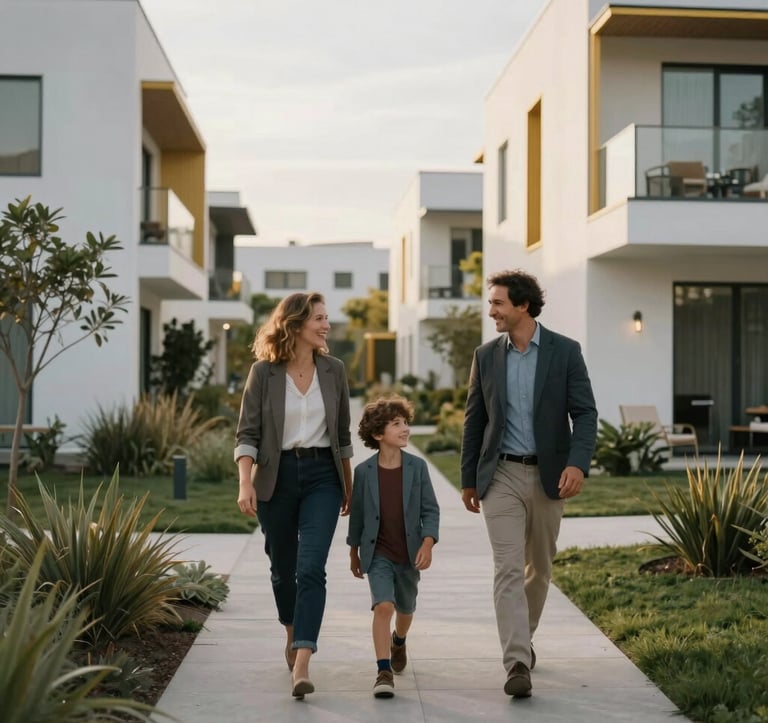 A medium shot of a sophisticated family walking happily through a beautifully landscaped pedestrian path in a modern Ecuadorian residential complex. Soft morning sunlight highlights the minimalist architecture in the background, featuring white facades and gold metallic details.