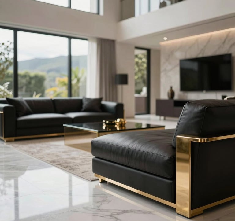 A close-up interior photograph of a luxury living room in a South American / Ecuadorian mansion. White marble flooring, minimalist black leather seating, and gold metallic decor. Soft natural light streams through huge windows, creating a professional and sophisticated ambiance.