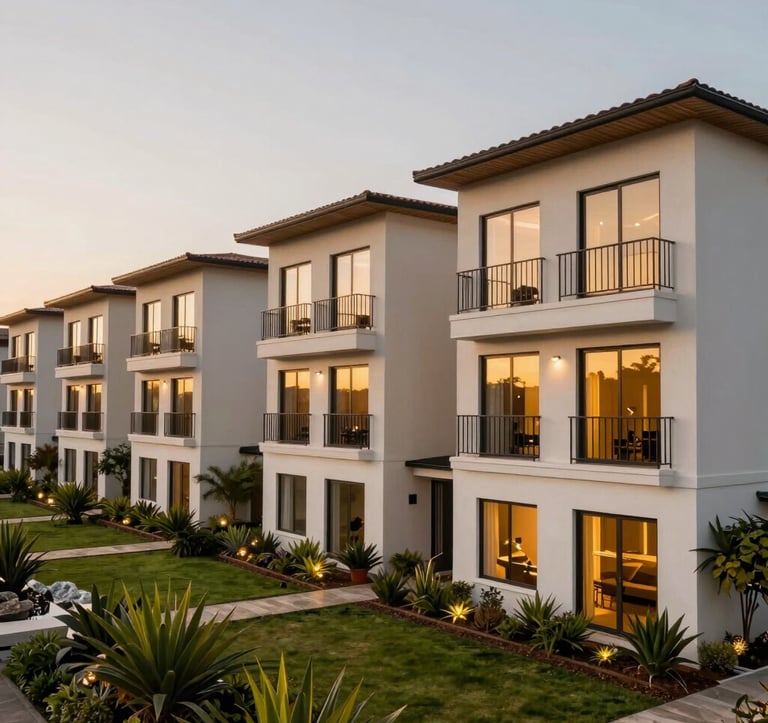 A wide-angle professional photograph of a modern housing complex in a prestigious South American / Ecuadorian neighborhood. The buildings feature soft off-white walls, black steel railings, and gold-tinted window glass. Lush green landscaping and warm evening lighting.