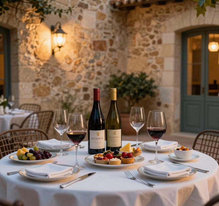 An elegant outdoor terrace setting in a Mediterranean garden, featuring a table with local French delicacies, wine, and warm evening lighting, sand-colored stone walls in the background, professional lifestyle photography.