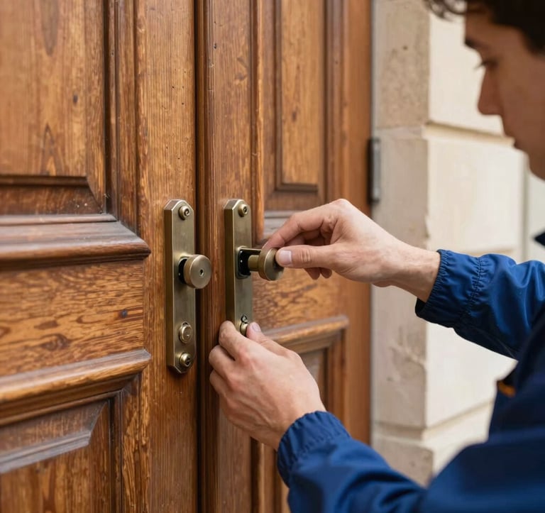 A professional maintenance specialist checking an elegant wooden door lock in a historic French stone building, soft focus on hands, bright professional photography.