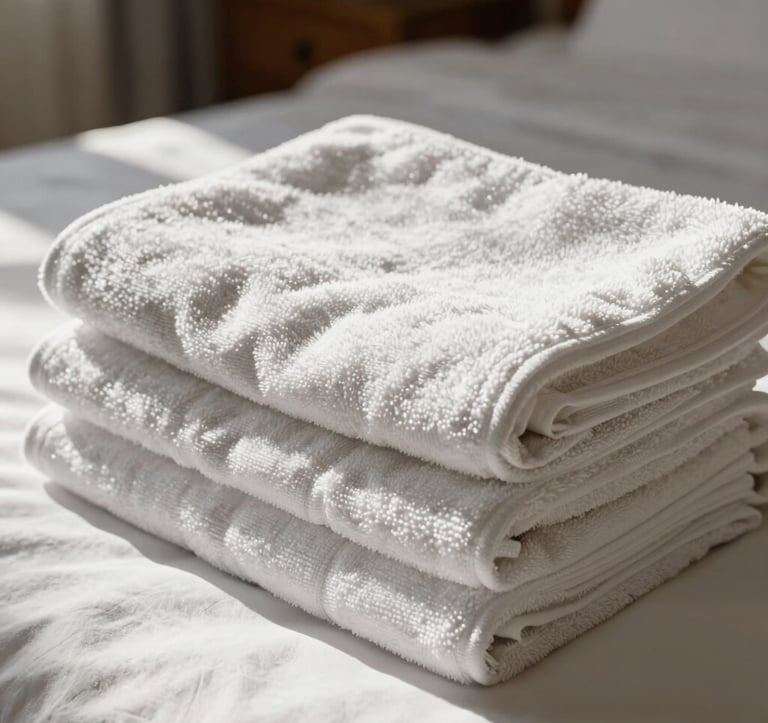 Close-up of freshly laundered white towels and linens neatly folded on a bed in a sunlit bedroom with a Southern European / French aesthetic.