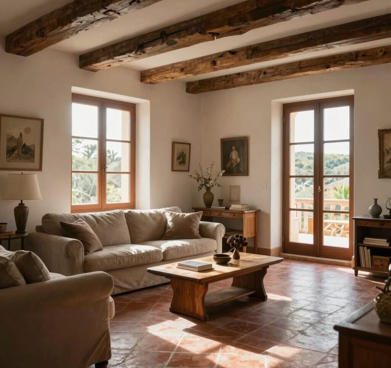 Interior of a refined Southern European living room in Pézenas, featuring rustic wooden accents, terracotta floor tiles, and large windows with soft morning light, professional photography style.