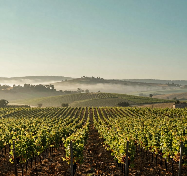 A serene view of rolling vineyards in the Languedoc countryside near Pezenas, morning mist, soft muted teal sky, professional photography capturing the vast and peaceful Southern European landscape.