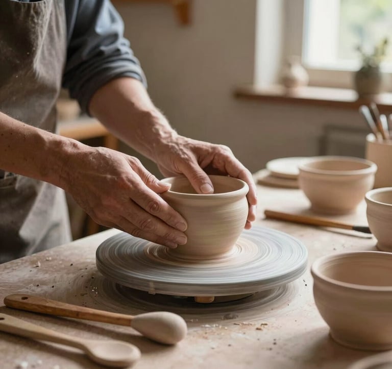 Close-up photography of a traditional artisan workshop in Pezenas, showing handcrafted pottery and wooden tools on a workbench, natural soft lighting through a window, elegant and authentic French regional style.