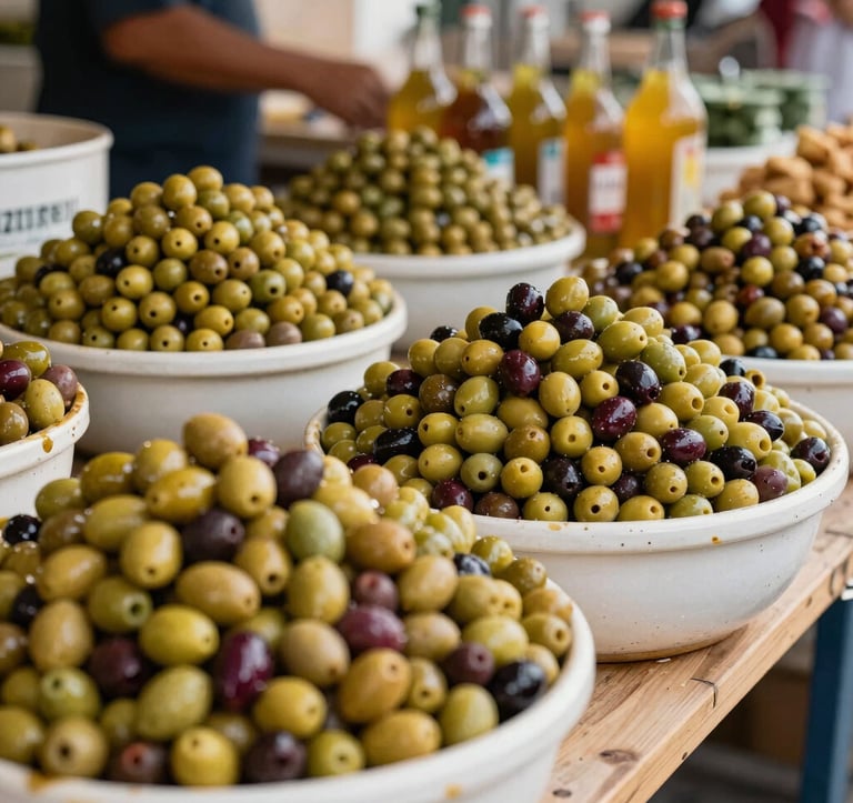 A traditional market stall in Pezenas showing fresh regional olives and local produce, authentic Southern European outdoor setting, vibrant and elegant lighting.