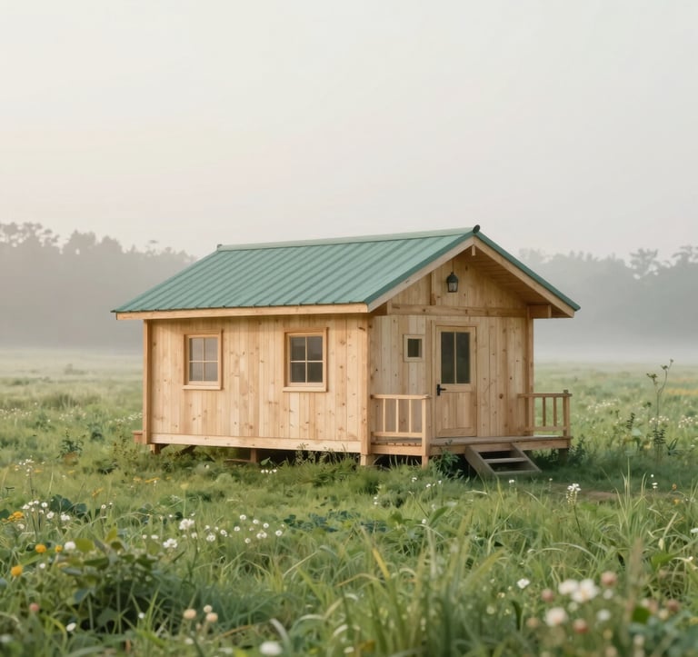A quaint, sustainable wooden cabin situated in a lush green meadow, surrounded by a soft morning haze. The scene uses natural wood tones, sage greens (#B2CAA8), and highlights of cream (#F5F3ED). The perspective is inviting and peaceful.