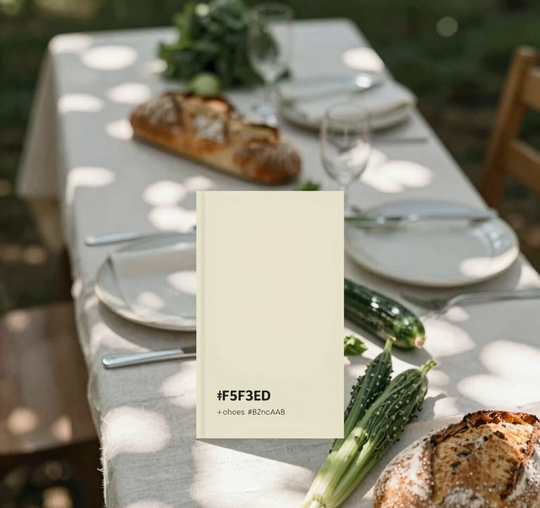 An overhead shot of a rustic table set with linen, artisan breads, and fresh vegetables. The color palette features creamy whites (#F5F3ED), soft sage (#B2CAA8), and deep forest accents. Sunlight filters through leaves, creating a dappled, serene effect.