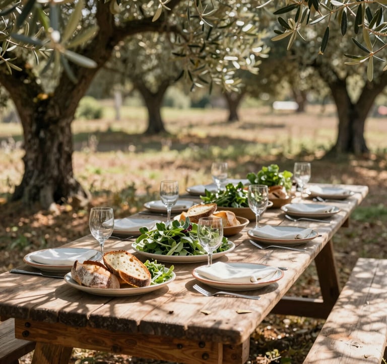 A long, rustic wooden table set for an outdoor feast in an ancient olive grove. Ceramic plates are filled with fresh greens and sourdough bread. Dappled sunlight filters through the silver-green leaves of the trees. A scene of abundance and slow, communal dining.