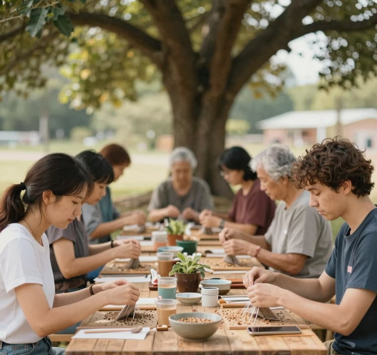 A group of people engaged in a peaceful outdoor workshop, such as weaving or seed sorting, under the shade of a large tree. The mood is mindful and connected, with soft focus on the background and authentic brand colors integrated naturally.