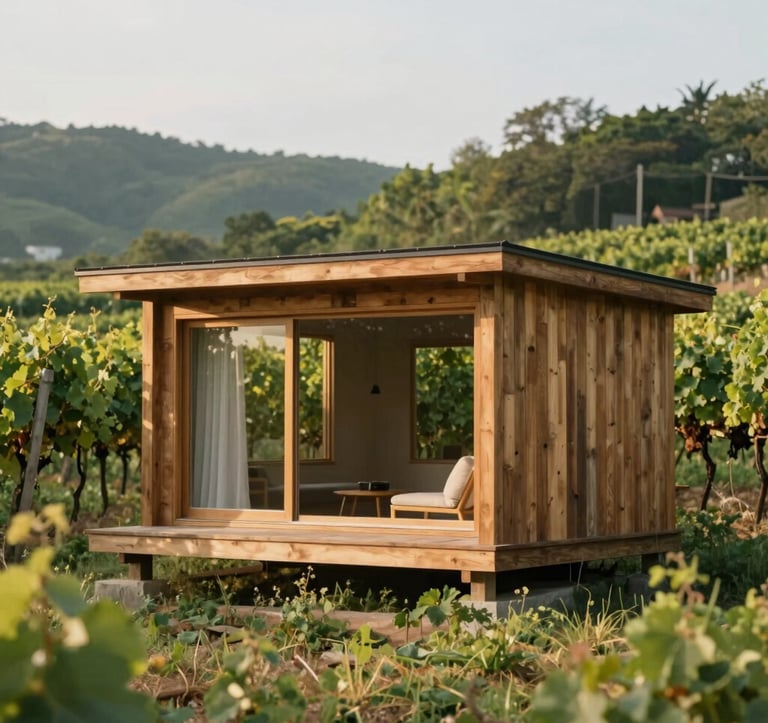 A cozy, minimalist timber cabin nestled at the edge of a lush vineyard. The wood has a natural, warm texture. Large windows reflect the green leaves. The lighting is soft afternoon sun, capturing a sense of tranquil isolation and mindful living with earthy tones of green and brown.