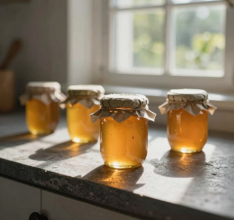 Close-up of artisanal honey jars on a rustic stone counter in a sun-drenched kitchen. The golden honey glows against the dark #1A2E2C shadows. Soft garden foliage is visible through a window in the background.
