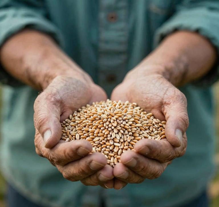 A close-up of a farmer's weathered hands holding a harvest of organic heirloom grains. The image uses a palette of earthy browns, sage greens (#B2CAA8), and deep teal (#5C8B7E) for the background foliage, captured in high-quality detail.