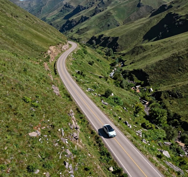An aerial view of a winding road through a lush green valley with a clean, modern vehicle traveling along it, bright daylight, North American landscape, high-quality travel photography focusing on ease and adventure.