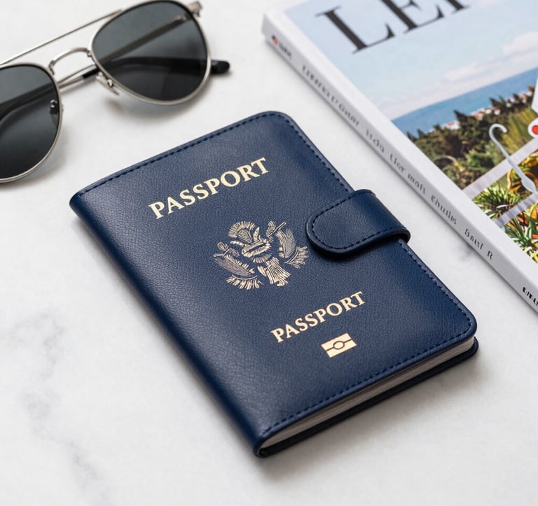 Close-up of high-end travel essentials on a white marble surface, including a navy blue leather passport holder, silver designer sunglasses, and a luxury travel magazine. North American / US setting with soft, clean, professional lighting.