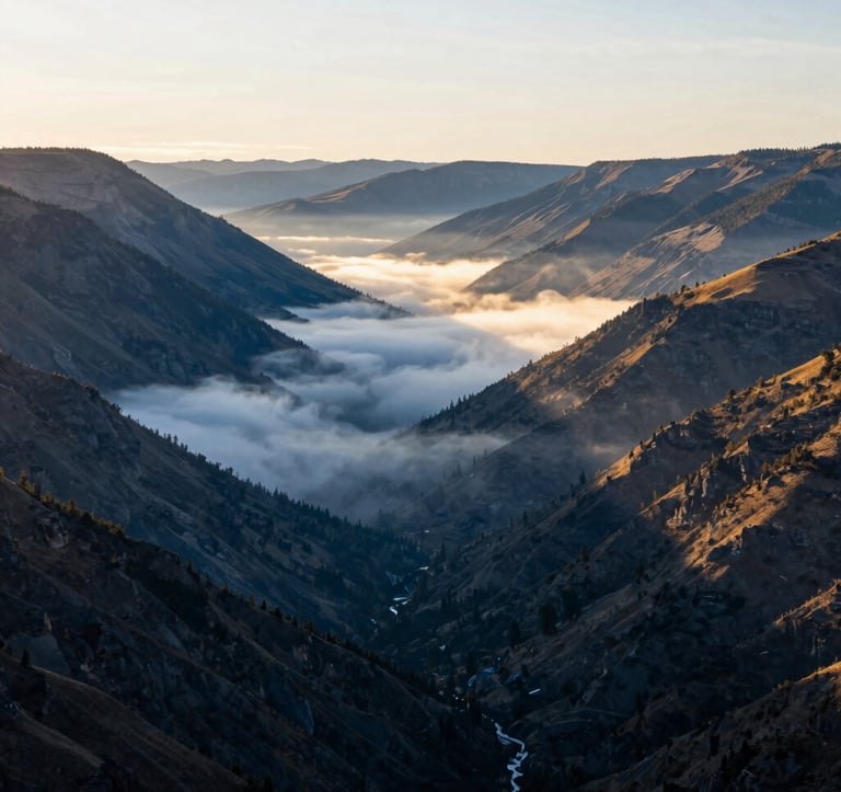 A breathtaking landscape shot of a scenic valley in North America during the golden hour. The composition is expansive, showing mist settled between hills, captured in a modern, inspiring style with soft blue and white highlights.