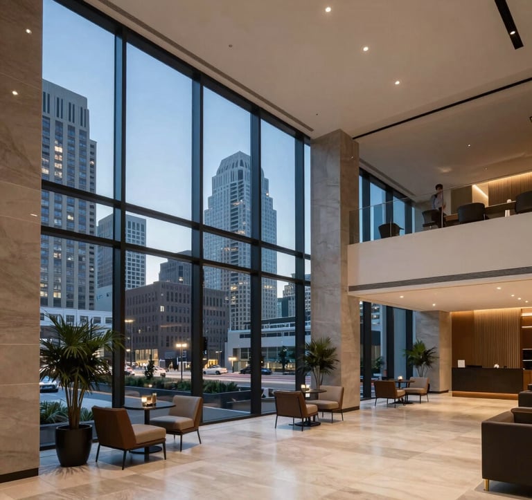 A wide shot of a modern, minimalist hotel lobby with floor-to-ceiling glass walls showing a North American cityscape at dusk, soft interior lighting, professional and inviting atmosphere, luxury travel style.