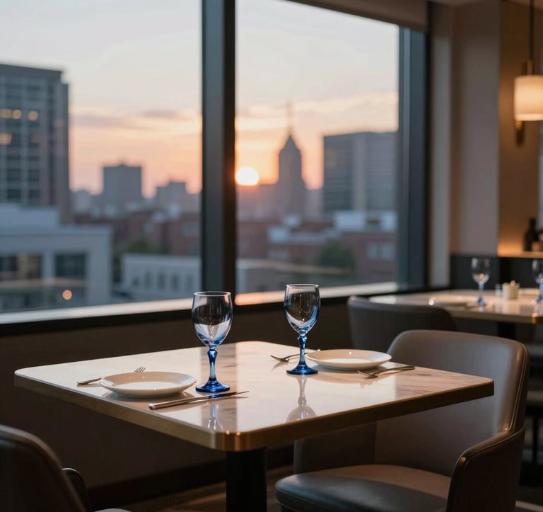A refined interior shot of a modern restaurant in a US city. Table for two with elegant white porcelain and blue glassware. The background is a soft-focus urban sunset through large windows, creating a professional and trustworthy atmosphere.