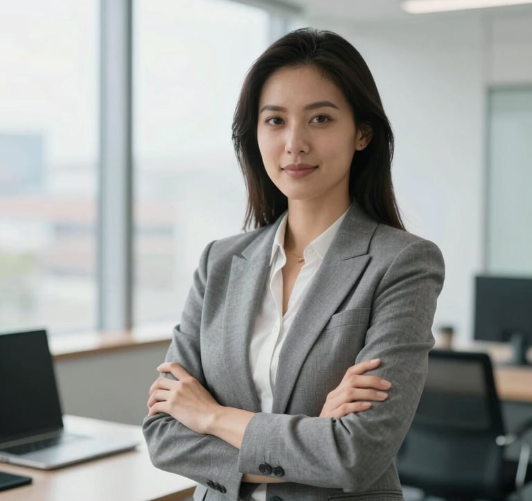 A professional headshot of a female travel consultant in a bright, modern executive office with large windows. She exudes confidence and trustworthiness, styled in modern North American business attire. Soft, high-key lighting.