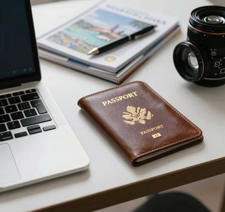Close-up photography of a professional travel planner's workspace, featuring a sleek laptop, a leather passport holder, and high-end travel guides, soft office lighting, minimalist and professional North American / US style.