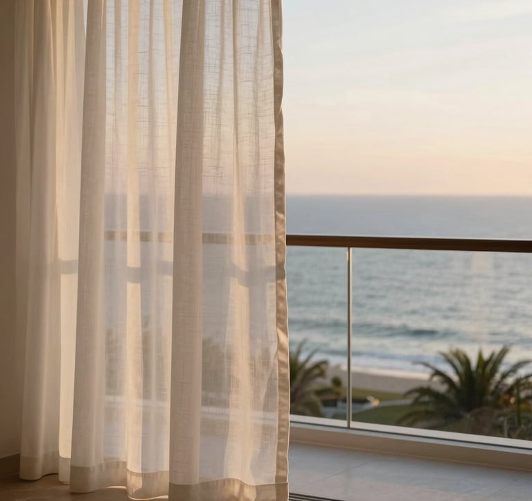 Professional photography of a luxury resort balcony at sunset, soft warm light hitting white linen curtains, overlooking a calm ocean, minimalist and high-end aesthetic, North American / US luxury travel style.