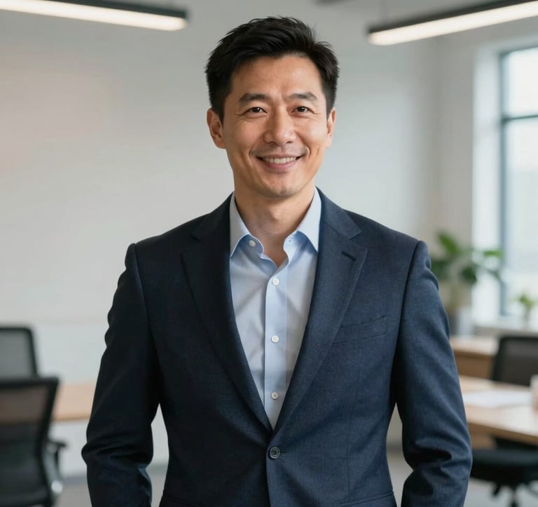 A professional portrait of a male travel expert in his late 30s, wearing a smart blazer, standing in a contemporary office space with soft navy and white decor. He is looking off-camera with a confident, friendly smile. North American context, soft natural light.