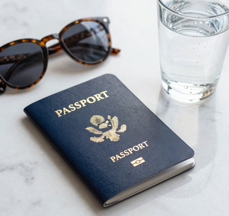 A close-up of high-end travel essentials on a white marble table: a modern passport cover, elegant designer sunglasses, and a glass of sparkling water, North American luxury lifestyle photography, bright and airy lighting.