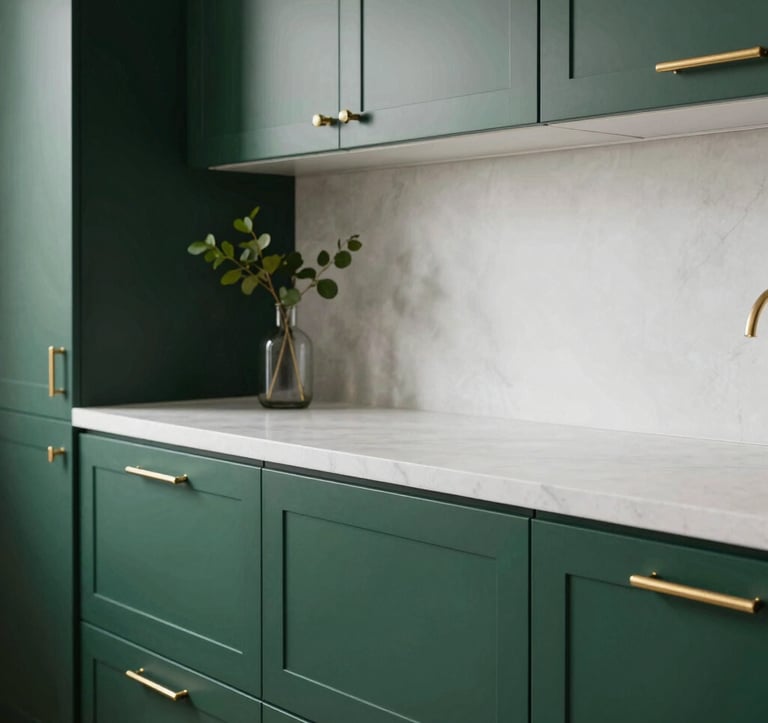 A close-up, high-end photograph of a modular luxury kitchen. Cabinetry is a deep royal dark green with a matte finish, paired with polished metallic gold hardware. The counters are a thick, pure white quartz. A single stem of green foliage in a glass vase adds a touch of organic minimalism.