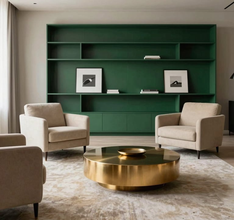 An expansive open-plan living area. The furniture includes a set of beige armchairs and a metallic gold circular coffee table. In the background, a minimalist royal dark green shelving unit displays a few curated art pieces. The lighting is soft and indirect.