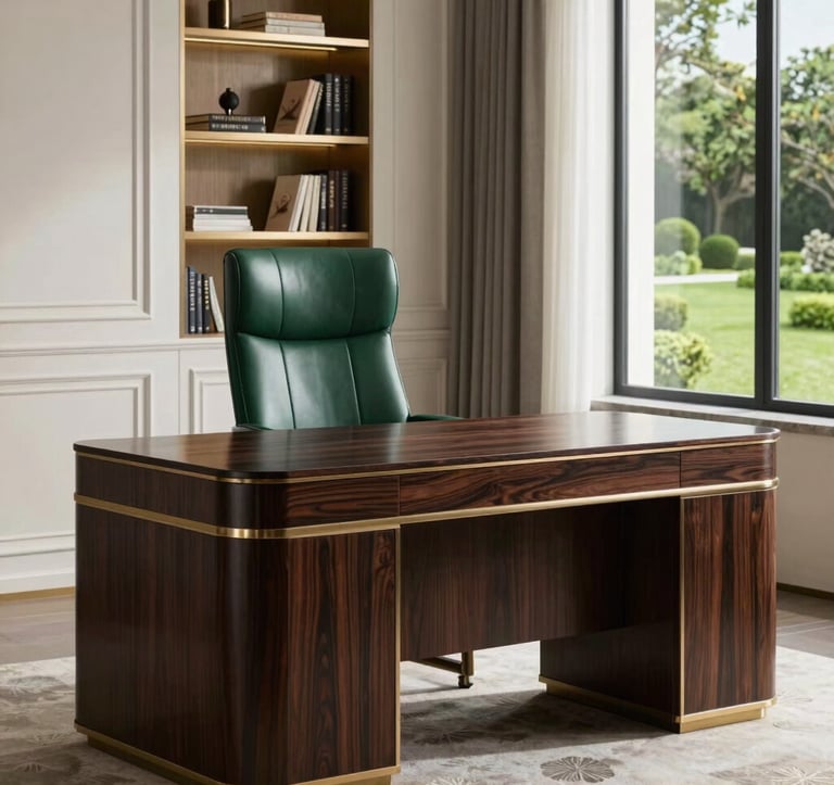A luxurious home office featuring a dark wood desk with metallic gold trim. A royal dark green leather chair sits behind it. The wall behind features soft white wainscoting and a built-in library shelf. A large window overlooks a manicured green space.